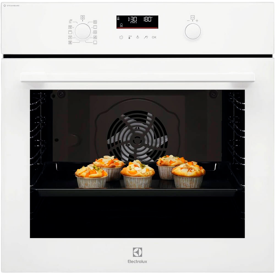 Встраиваемые электрические духовки ELECTROLUX/ Электрический духовой шкаф с конвекцией, приготовление на пару, объем 72 л, утапливаемые переключатели, 9 режимов,очистка каталитическая, 3 стекла в дверце, направляющие проволочные + телескопические (1 уровень), термощуп