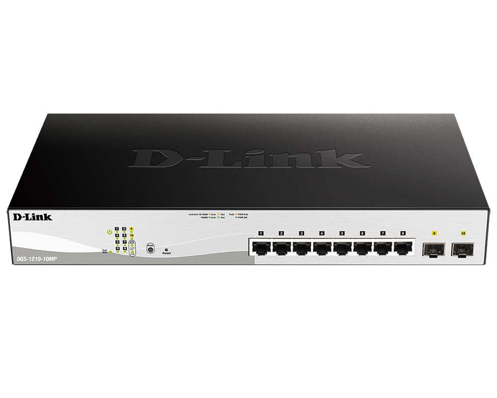 D-Link DGS-1210-10MP/FL2A Управляемый L2 коммутатор с 8 портами 10/100/1000Base-T и 2 портами 1000Base-X SFP (8 портов PoE 802.3af/at, PoE-бюджет 130 Вт)