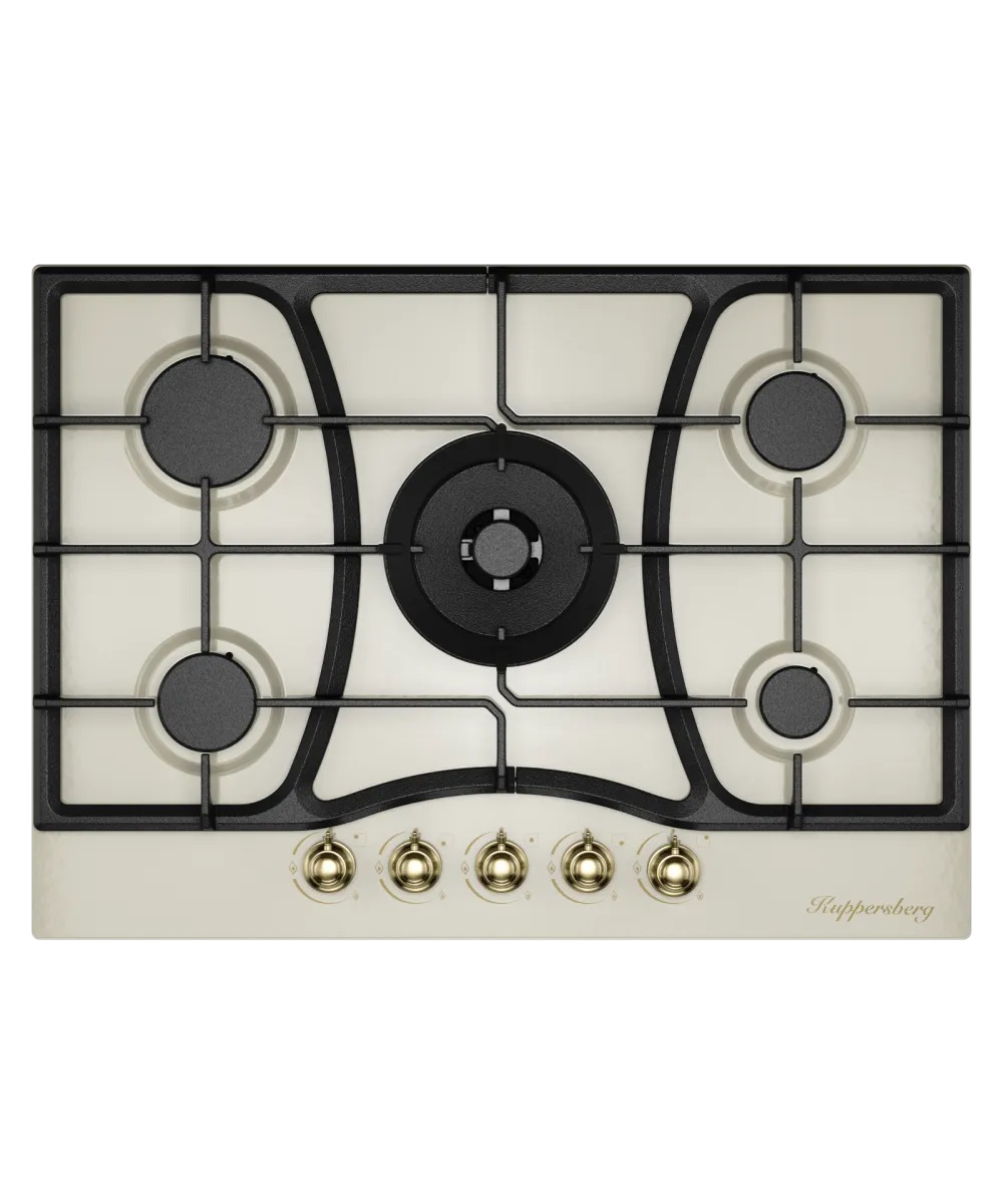 Варочная поверхность Kuppersberg/ KITCHEN RETAIL / Варочная поверхность Kuppersberg, газ, Classic, 71 см, автоматический электроподжиг, газ-контроль, форсунки под сжиженный газ, SABAF конфорки, чугунные решетки, WOK подставка, цвет бежевый, цвет фурнитуры бронзовый