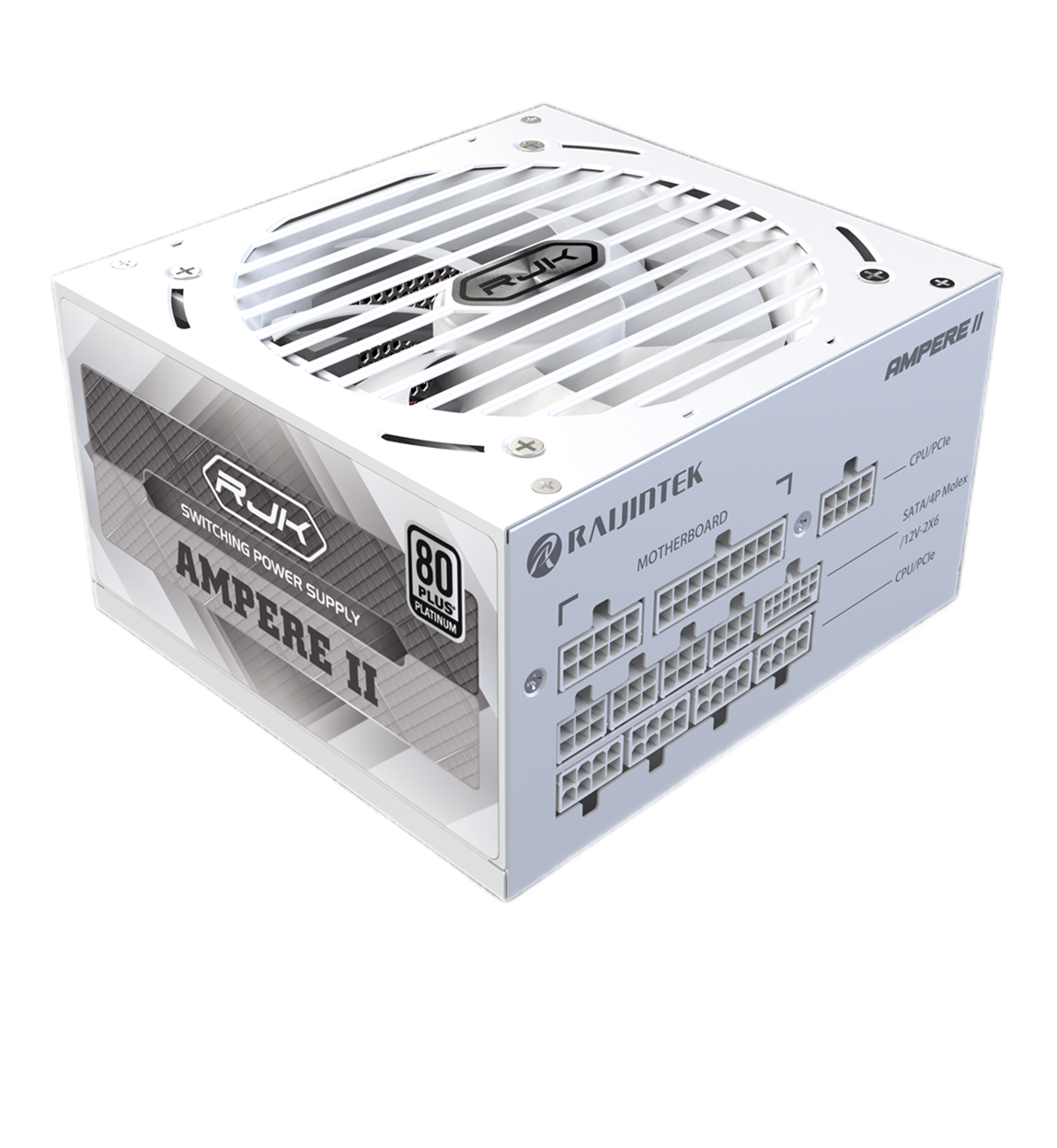 Блоки питания/ Power Supply Raijintek AMPERE II 1200, 1200W 80+ Platinum (ATX, 3.1, PCIe 5.1, Full-modular, 1x24(20+4)pin, 2x4+4-pin CPU, 3x6+2-pin PCIe, 1x12V(2x6), 10xSATA3, 5xMolex, Active, 120x120mm, 150x140x86mm, APFC, white)