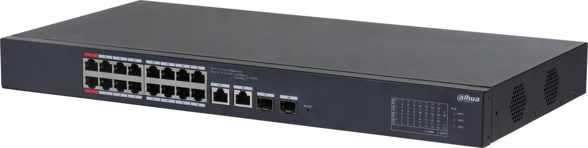 DAHUA DH-CS4218-16ET-135 16-портовый PoE коммутатор с облачным управлением, 16xRJ45 100Mb, 2хКомбо SFP/RJ45 1Gb uplink, суммарно 135Вт, коммутация 7.2 Гбит/с, MAC-таблица 8К