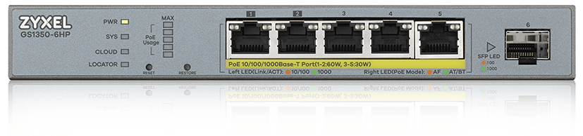ZYXEL GS1350-6HP-EU0101F L2 коммутатор PoE+ для IP-видеокамер 4xGE PoE+, 1xGE PoE++ (802.3bt), 1xSFP, бюджет PoE 60 Вт, дальность передачи питания до 250 м, автоперезагрузка PoE-портов
