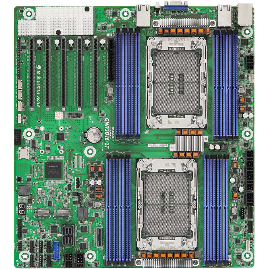 Материнская плата/ ASRock GNR2D16-2T, EEB like, 2x LGA 4710 Intel Xeon 6700P-series/ 6500P-series/ 6700E-series, 16x DDR5 RDIMM, MRDIMM, 5x PCIe5.0 / CXL2.0 x16, 1x PCIe5.0 / CXL2.0 x8, 1x MCIO (PCIe5.0 / CXL2.0 x8), 2x M.2 (PCIe5.0 x2), up to 8 SATA 6Gb/s, 2x RJ45 (10GbE) Intel X710-AT2, AST2600
