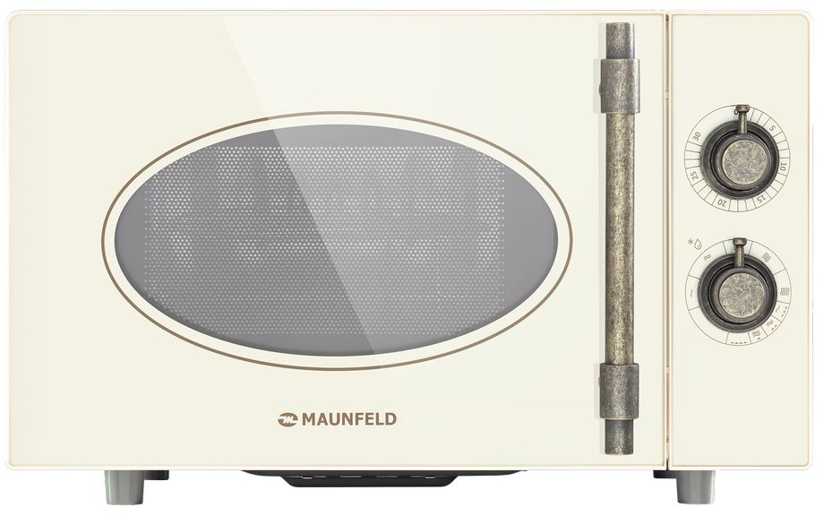 Микроволновая печь MAUNFELD/ Отдельностоящая микроволновая печь, электрическая 45см, 20 л, механическое управление, 8 режимов, кварцевый гриль, галогеновое освещение, без поворотного стола, слоновая кость/фурнитура бронза