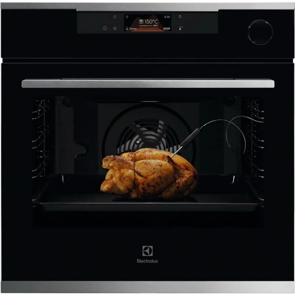 Встраиваемые электрические духовки ELECTROLUX/ Духовой шкаф с паром SteamCrisp, основной цвет - нержавеющая сталь, сенсорное управление, цветной ЖК-дисплей, электронное регулирование времени и температуры, будильник,  таймер отключения, отложенный старт, хромированные направляющие из нержавеющей стали Easy Entry , телескопические направляющие FlexiRunners (1 ур) с изменением высоты установки, 3 стекла, пиролитическая очистка, термощуп, плавное закрытие дверцы SoftClosing, Италия