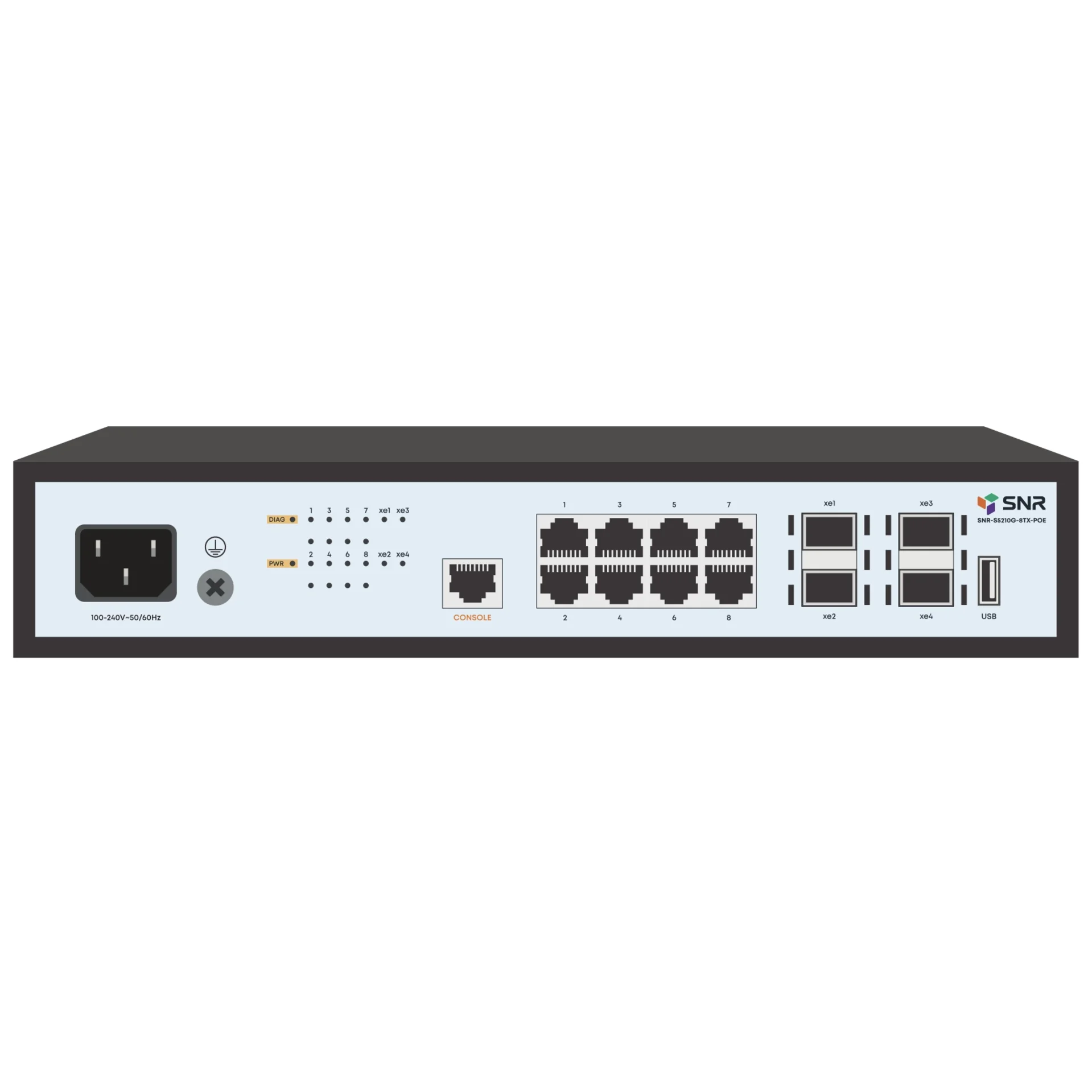 SNR SNR-S5210G-8TX-POE Управляемый PoE коммутатор уровня 2+, 8 портов 10/100/1000Base-T, 4 порта 1/10G SFP+, бюджет PoE 125 Вт, встроенный БП ~220V AC