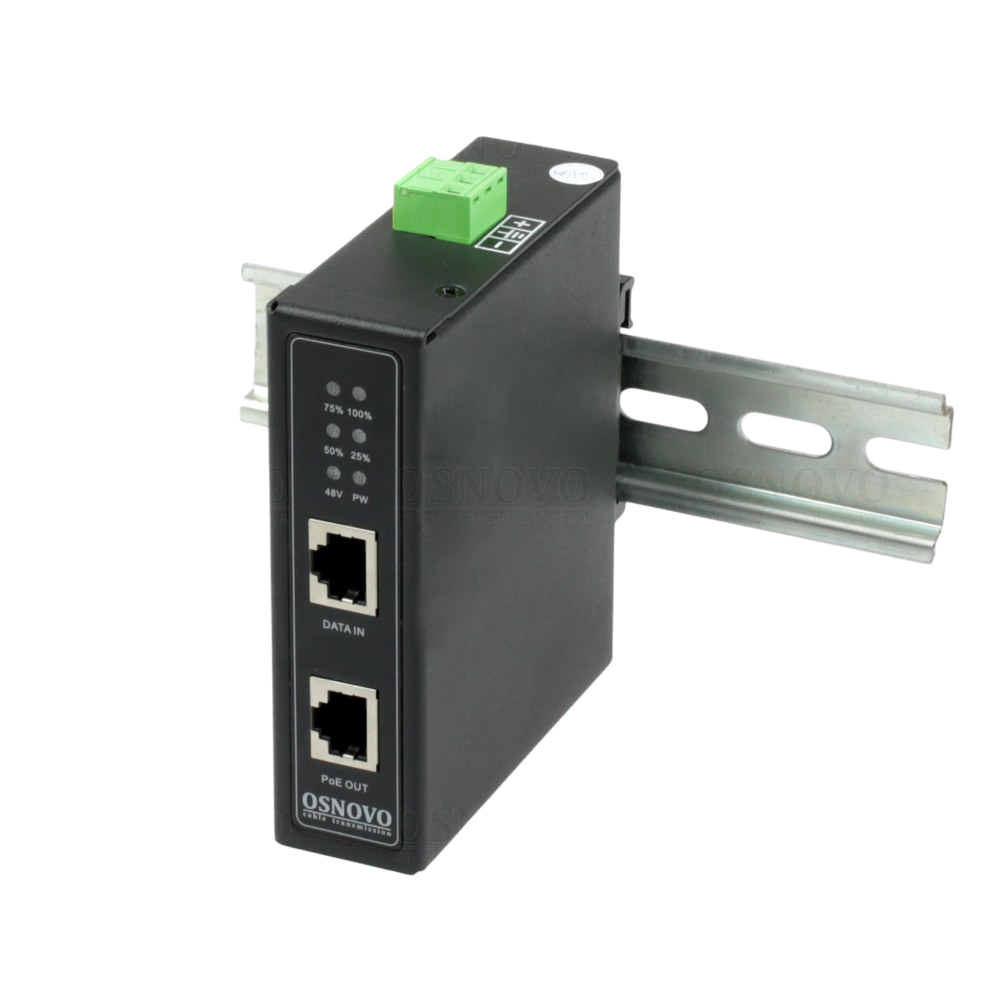 Инжектор/ OSNOVO Midspan-1/303X(Booster) Промышленный PoE-инжектор 10G Ethernet на 30W с бустером напряжения. Соответствует стандартам PoE IEEE 802.3af/at. Автоматическое определение PoE устройств. Мощность PoE - до 30W. Поддержка скорости 10/100/1000/2,5G/5G/10G Base-T. вх. - RJ45 (10/100/1000/2,5G/5G/10G Base-T), вых. - RJ45(10/100/1000/2,5G/5G/10G Base-T, PoE, IEEE 802.3af/at).Встроенная грозозащита 6kV.Размеры(ШхВхГ): 30x105x90 мм. Металлический корпус, Монтаж на DIN-рейку и на стену. Питани