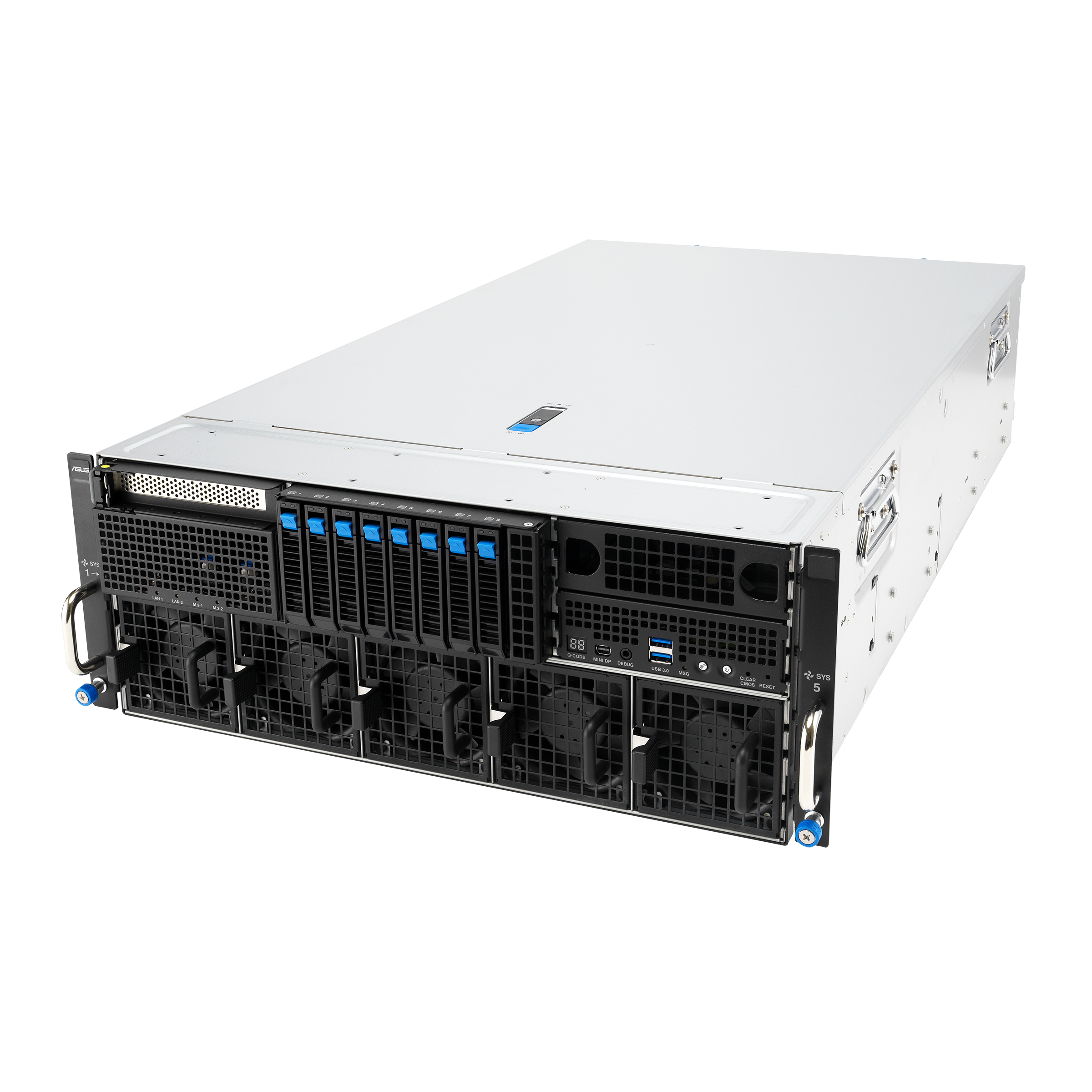 Серверная платформа/ ASUS ESC8000-E12P-SKU1, 4U, 2 x LGA4710 350W, 32x DDR5 6400, 8 x 2.5" hsb NVMe, 2x M.2  (Gen 5 x4 22110), 8x PCIe x16 for dual-slot GPU, 5x PCIe x16 for NIC/ BlueField-3, 1x PCIex 16, 2x 10GbE LAN (RJ45, X710-AT2), 3+1 3200W