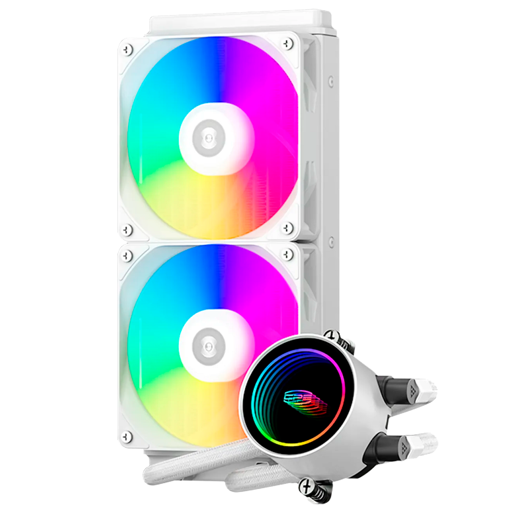 Система охлаждения/ Water Cooling System PCCooler DA240 ARGB WH (270W, 240mm, White, ARGB/ Fans: 2x120mm, 73.6CFM, -dBA, 1800RPM/ Pump height 55mm, -dBA, 3000RPM, Rad thickness 27mm/ S: 1851, 1700, 1200, 20XX, 115X, AM5, AM4)