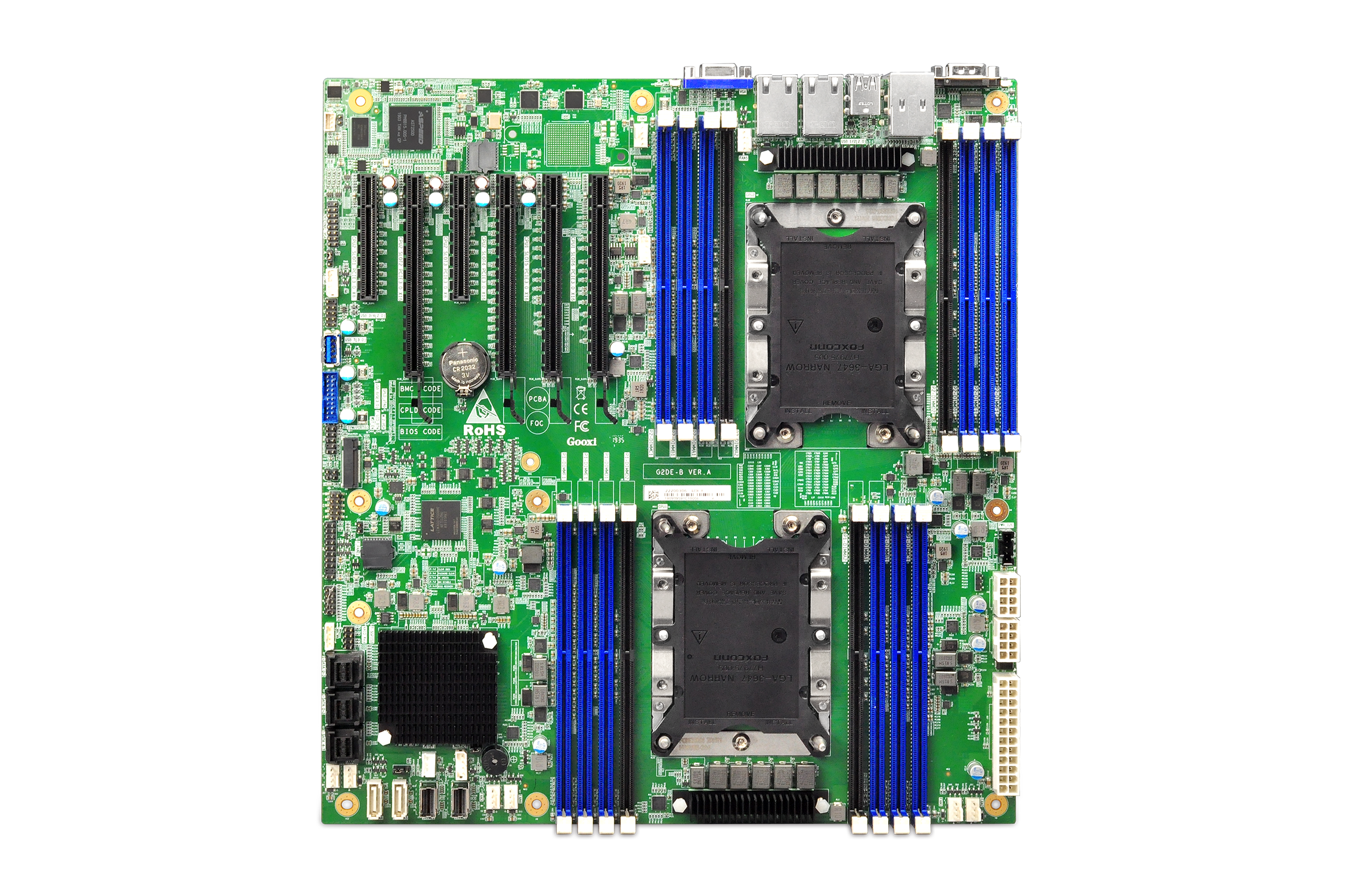 Серверная материнская плата/ Gooxi G2DE-B EATX dual socket motherboard; 304.8mm(L)*330.2mm(W) -support Intel XEON 1st and 2nd gen processor; TDP 205W; 16*DDR4 ECC RDIMM/LRDIMM slots; 6*PCIe 3.0 slots( support 2*PCIe 3.0x8, 4*PCIe 3.0x16)