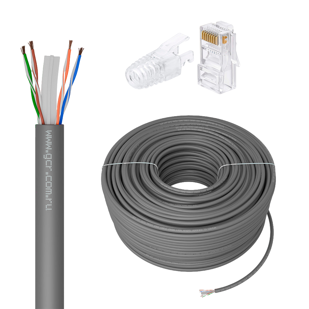 GCR PRO Кабель LAN DIY витая пара 50m в бухте, LSZH UTP кат.6А, CCA многопроволочный, серый + Коннектор RJ-45 8p8c сборный 20шт.